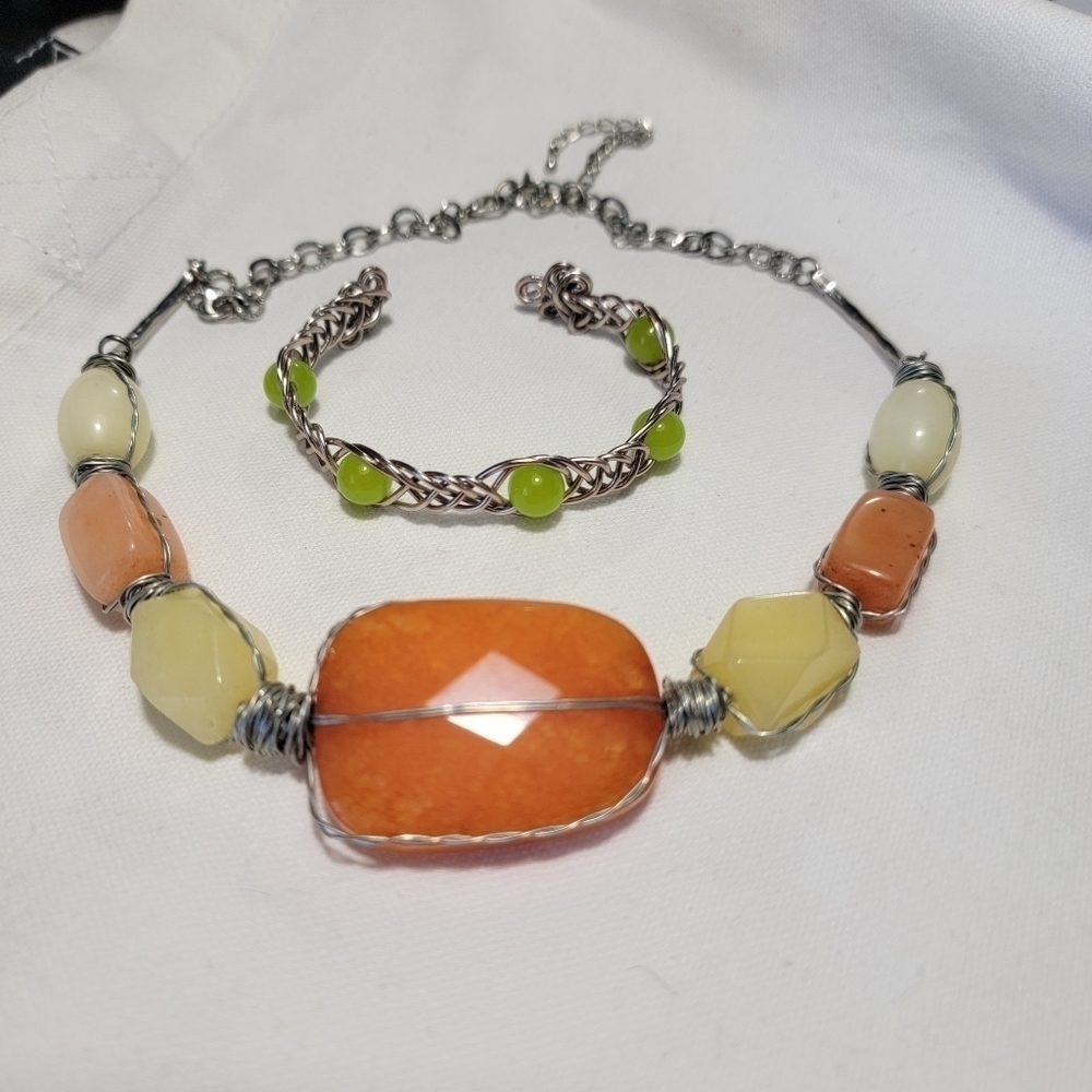 Stone Necklace and Glass Bead Bracelet Set
